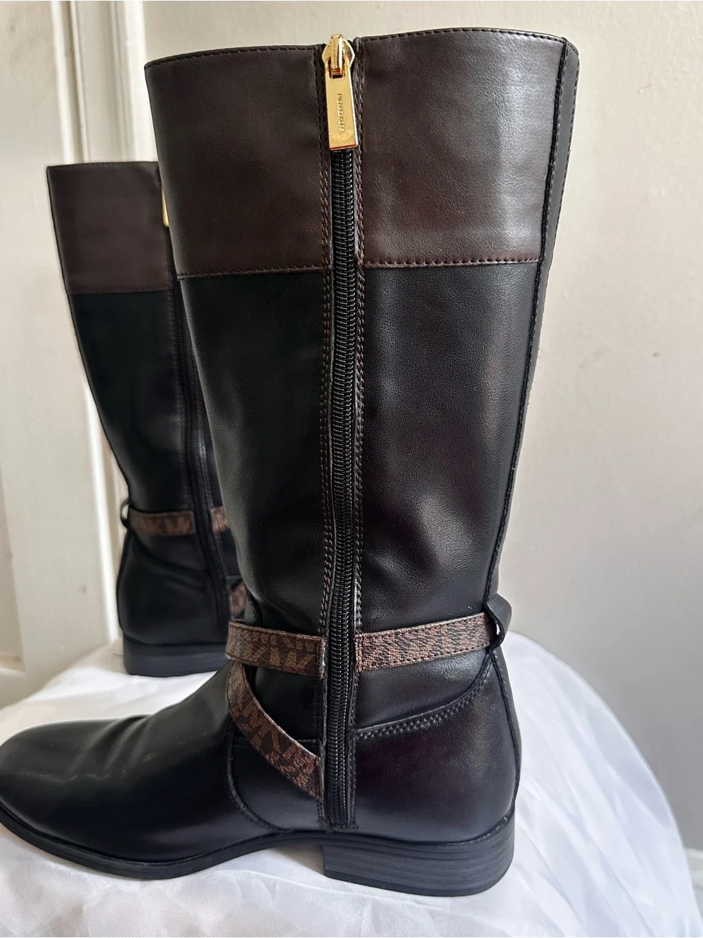 Michael Kors Black and Brown Leather Knee Boots with Gold MK Accent for Girls